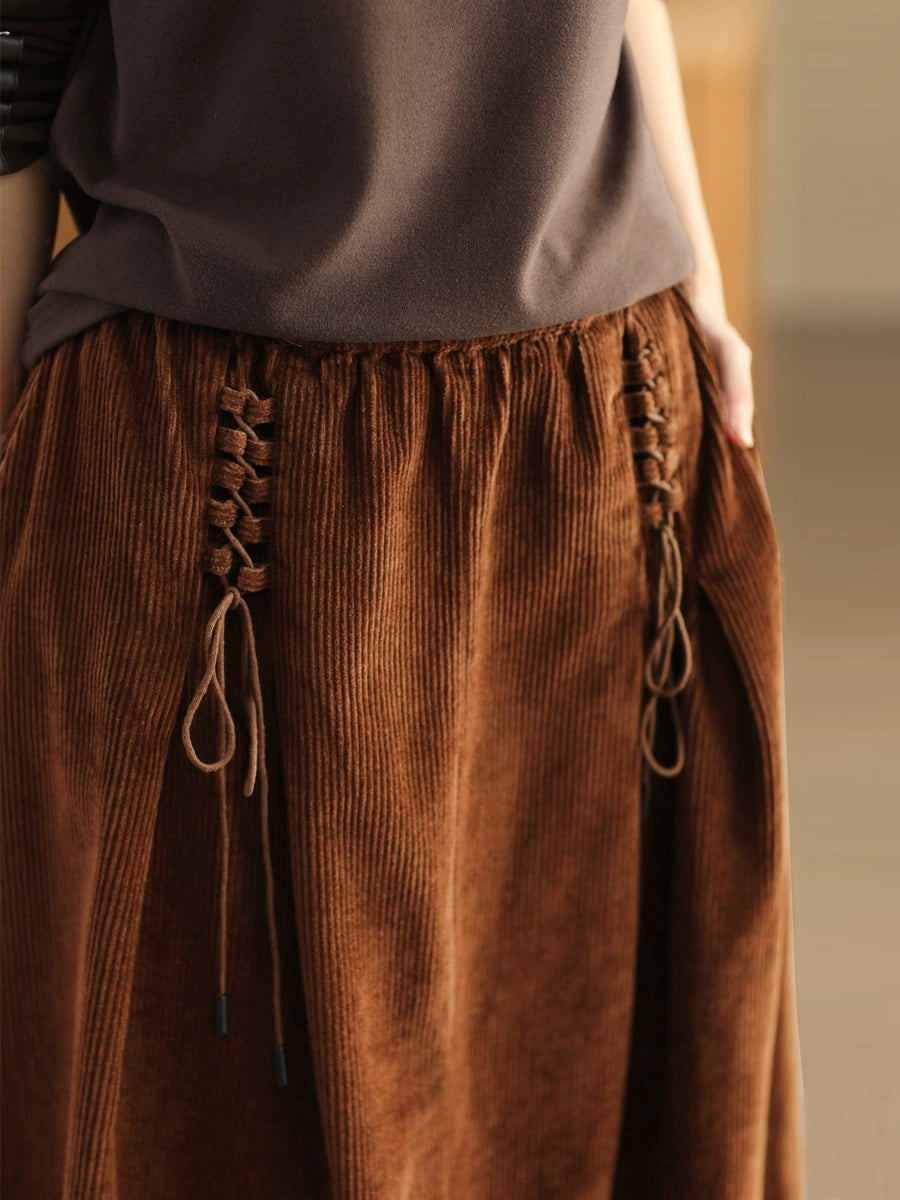 Plus Size Women Autumn Retro Strap Corduroy A-Shape Skirt