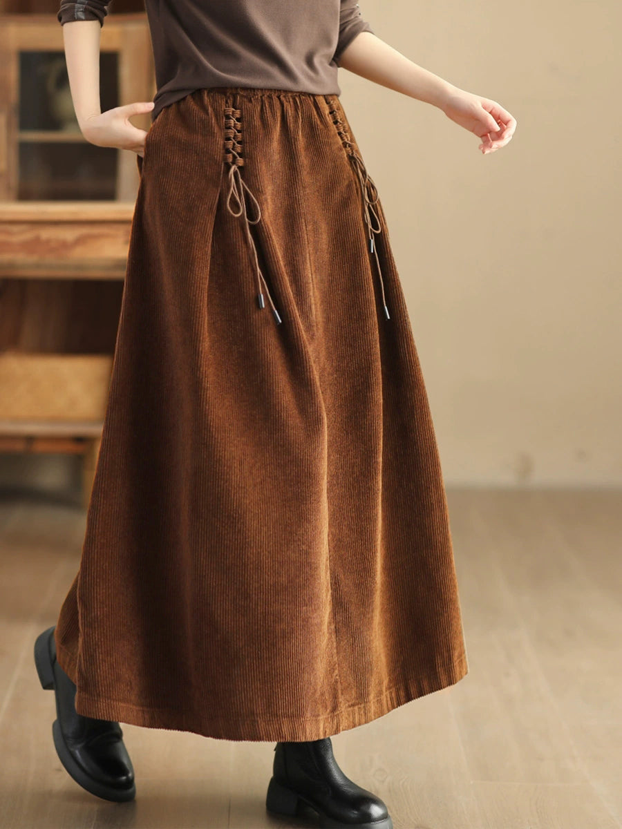 Plus Size Women Autumn Retro Strap Corduroy A-Shape Skirt