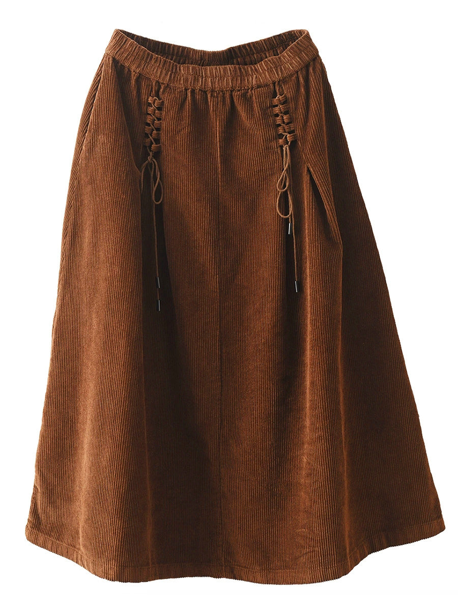 Plus Size Women Autumn Retro Strap Corduroy A-Shape Skirt