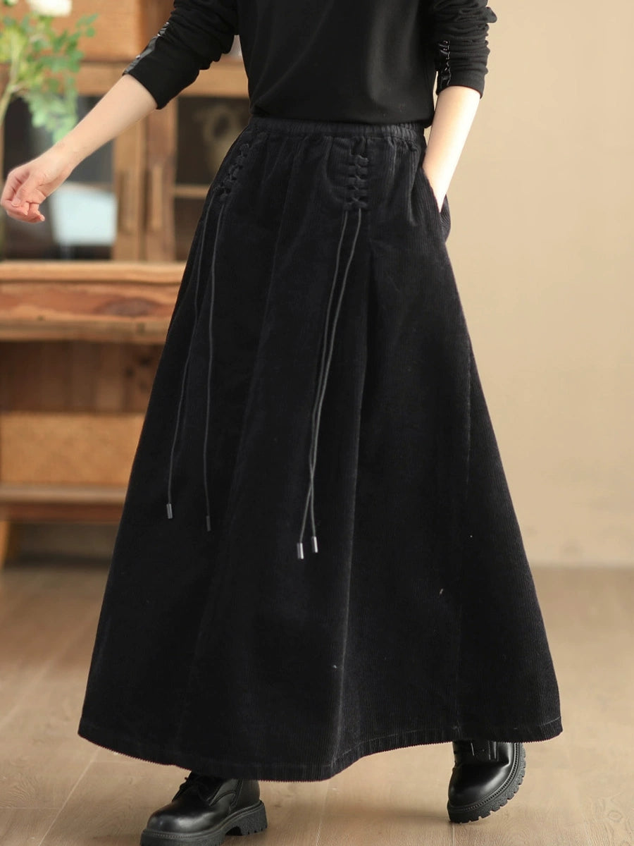 Plus Size Women Autumn Retro Strap Corduroy A-Shape Skirt