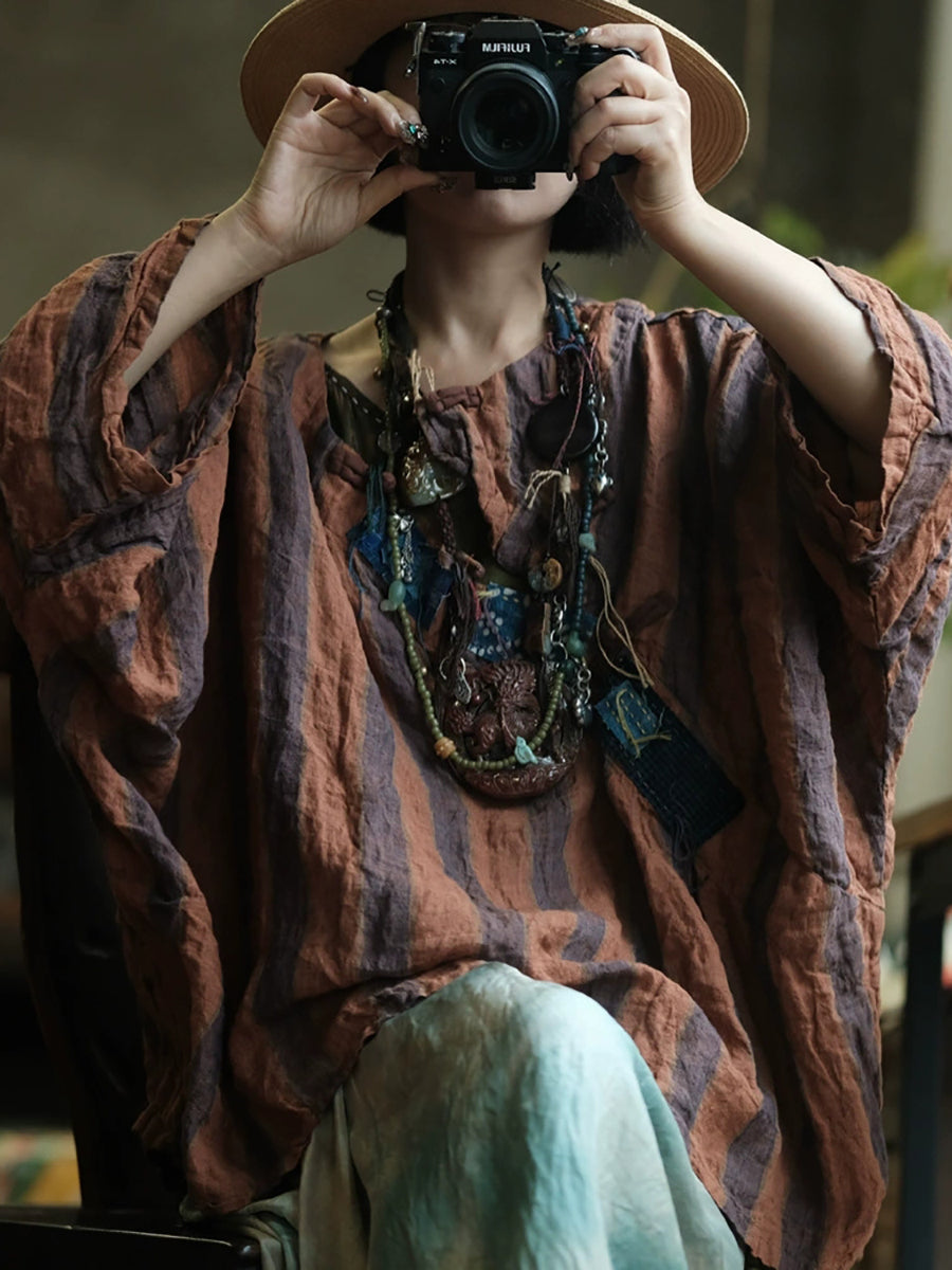 Women Summer Retro Stripe Patch O-Neck Linen Blouse