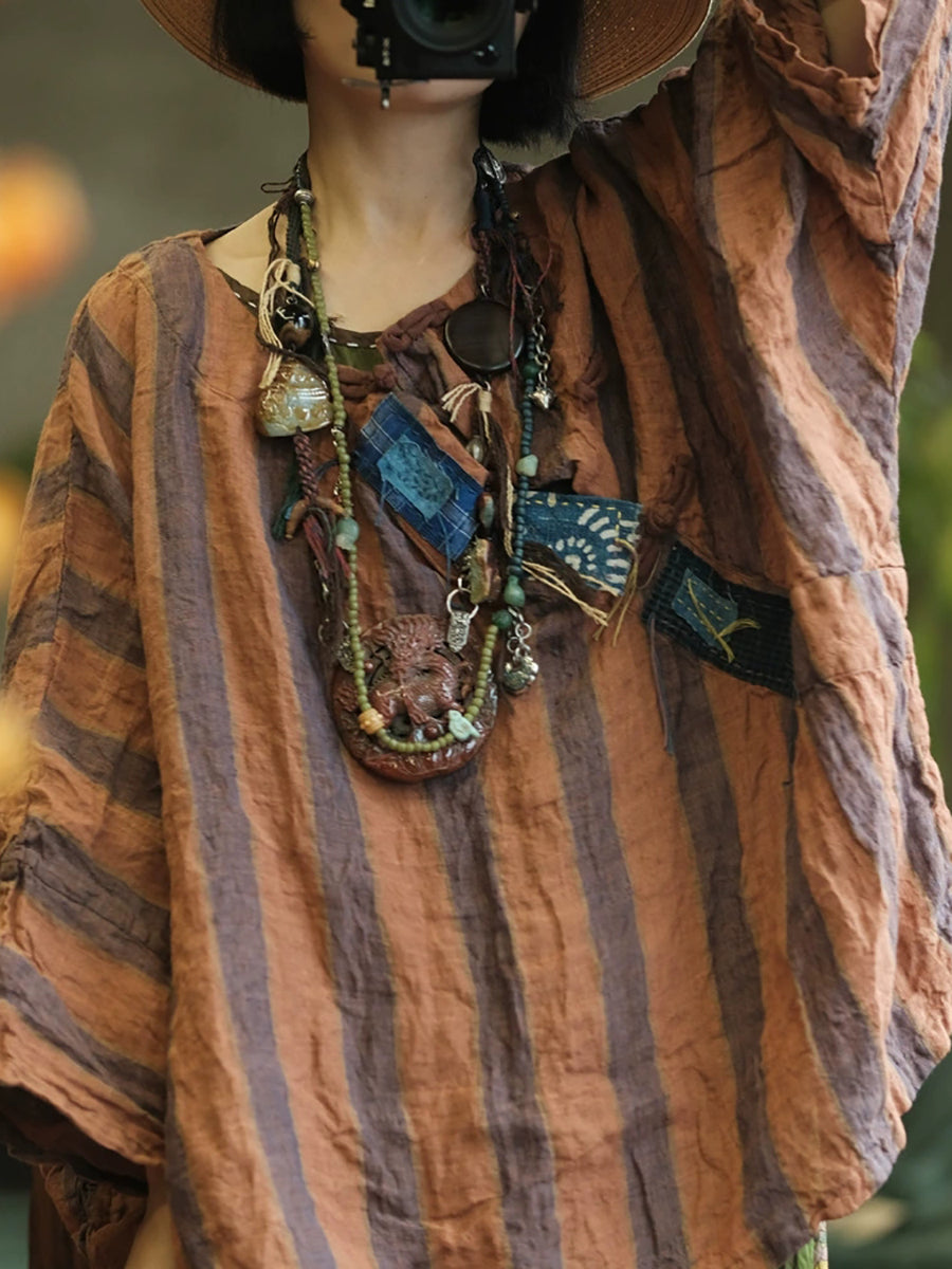 Women Summer Retro Stripe Patch O-Neck Linen Blouse