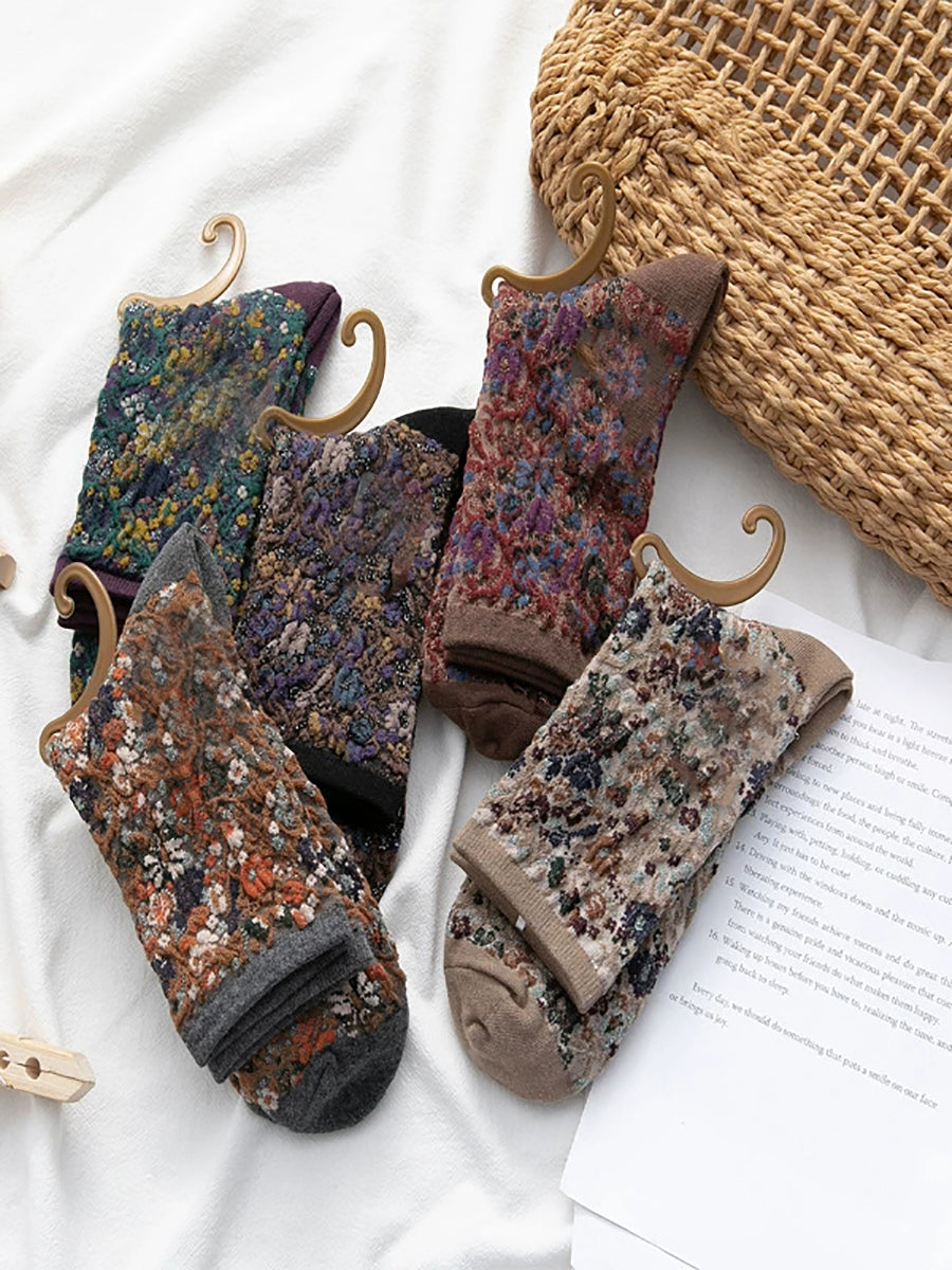 5 Pairs Women Winter Floral Mid Heel Socks