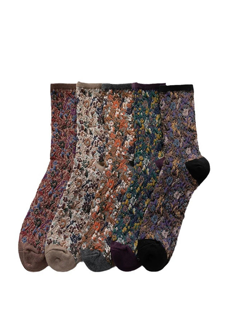 5 Pairs Women Winter Floral Mid Heel Socks