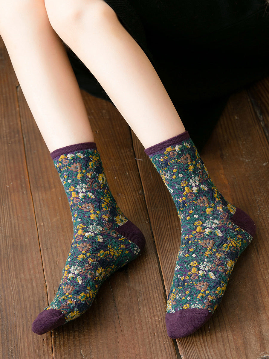 5 Pairs Women Winter Floral Mid Heel Socks