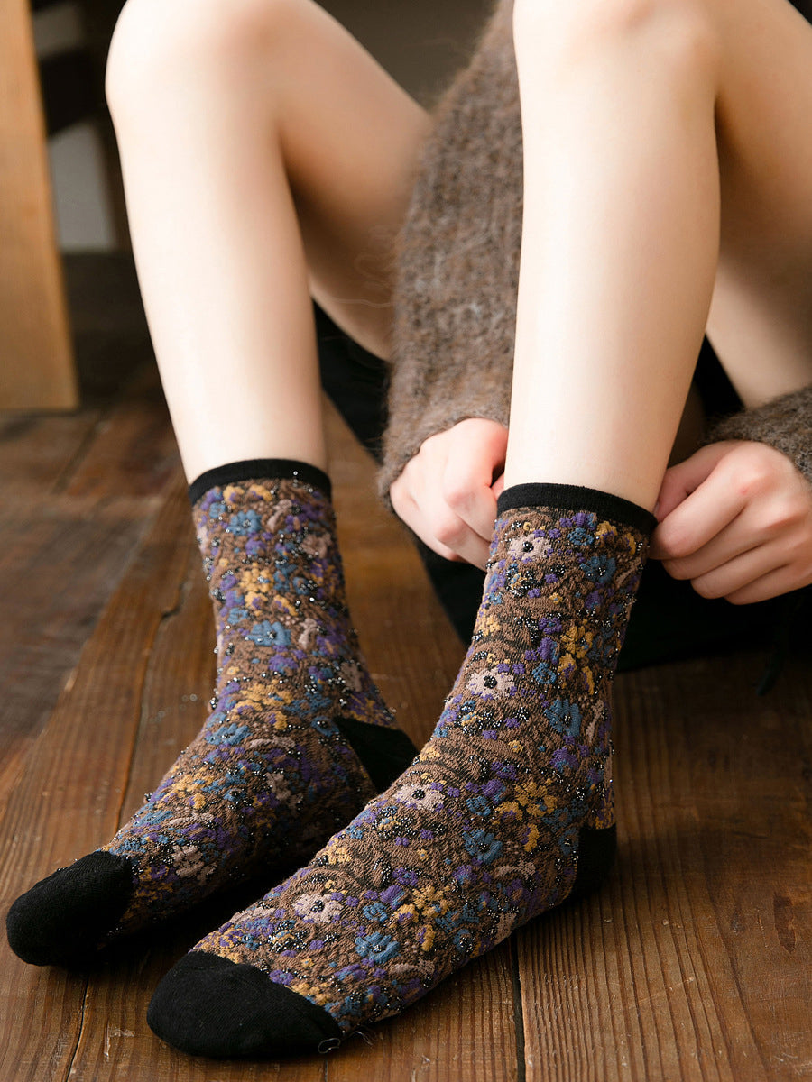 5 Pairs Women Winter Floral Mid Heel Socks