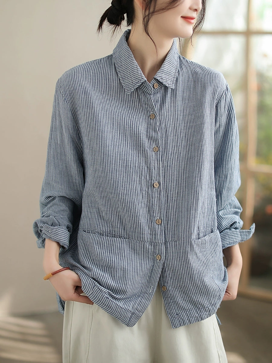 Plus Size Women Autumn Stripe Turn-down Collar Cotton Shirt