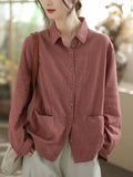 Plus Size Women Autumn Stripe Turn-down Collar Cotton Shirt