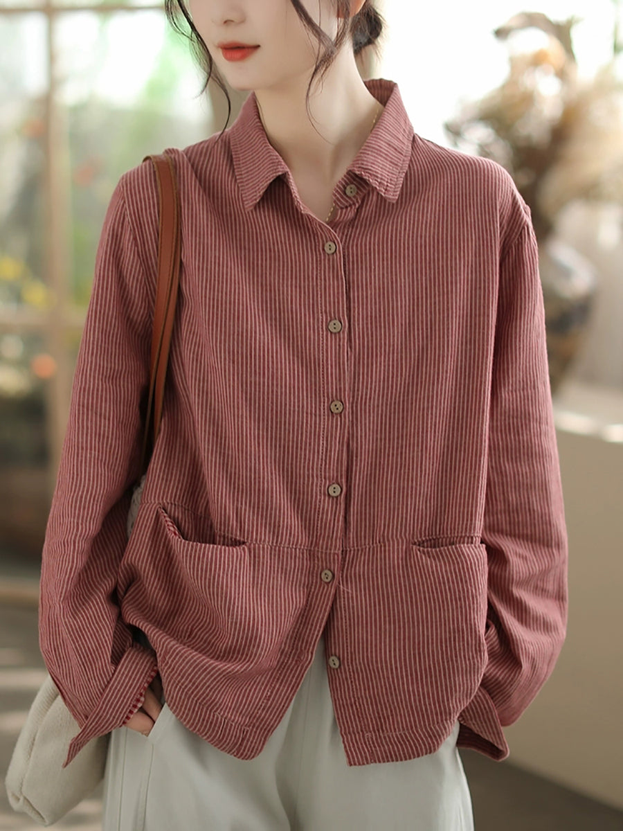 Plus Size Women Autumn Stripe Turn-down Collar Cotton Shirt