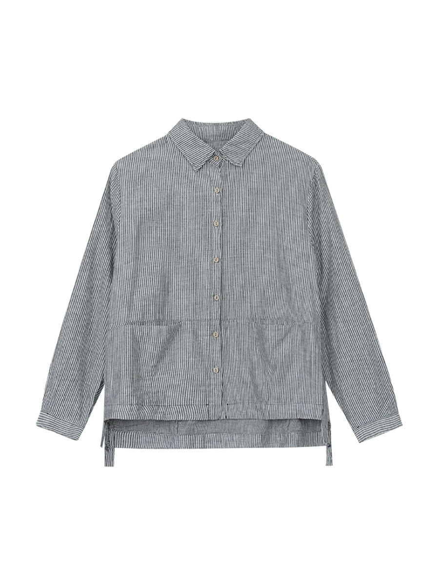 Plus Size Women Autumn Stripe Turn-down Collar Cotton Shirt