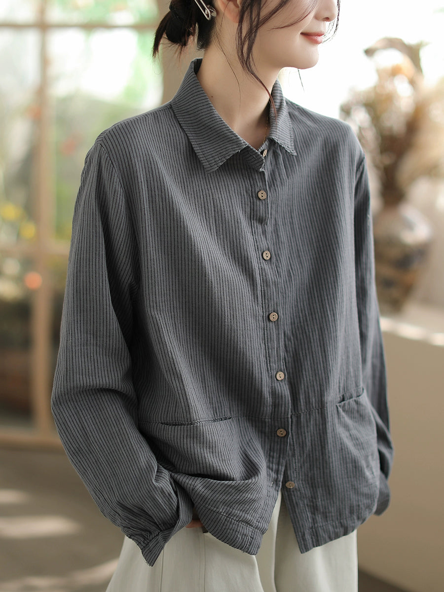 Plus Size Women Autumn Stripe Turn-down Collar Cotton Shirt