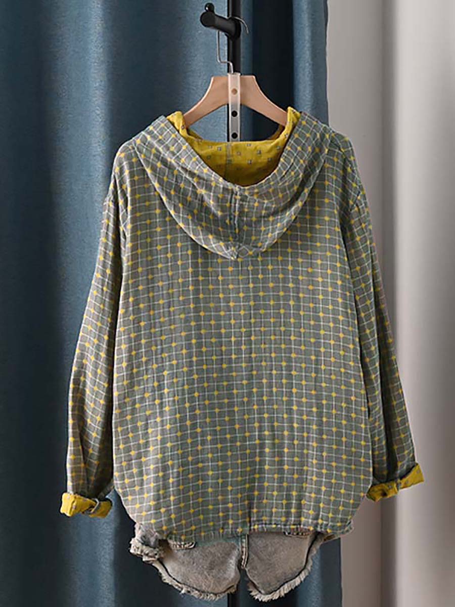 Plus Size Women Autumn Vintage Plaid Hooded 100%Cotton Shirt
