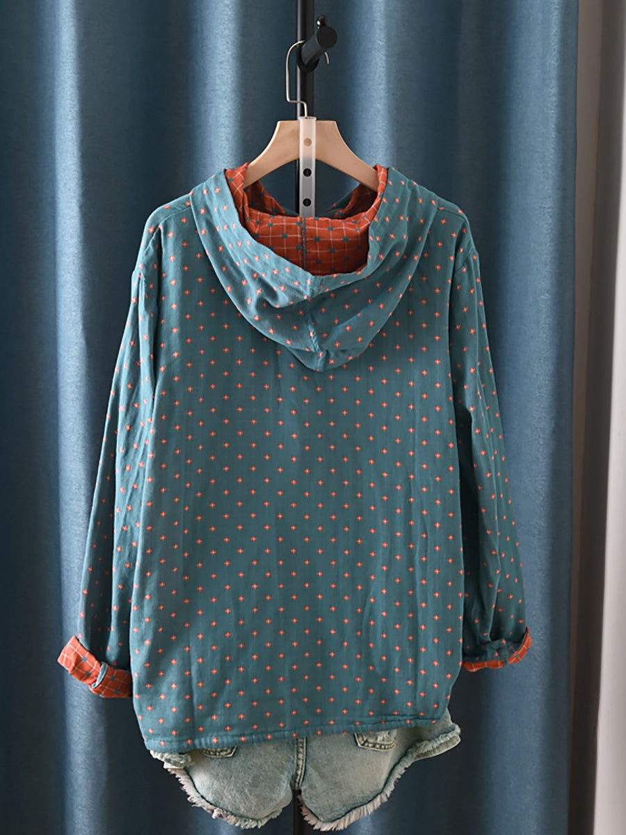 Plus Size Women Autumn Vintage Plaid Hooded 100%Cotton Shirt