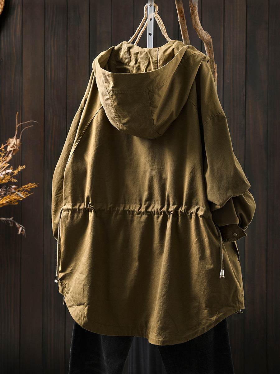 Women Autumn Pure Color 100%Cotton Hooded Coat