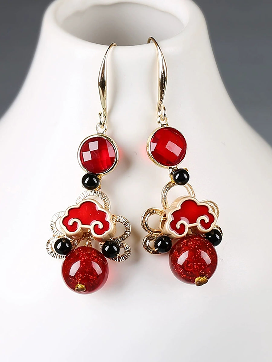 Women Ethnic Red Agate Glass Cloisonne S925Silver Earrings