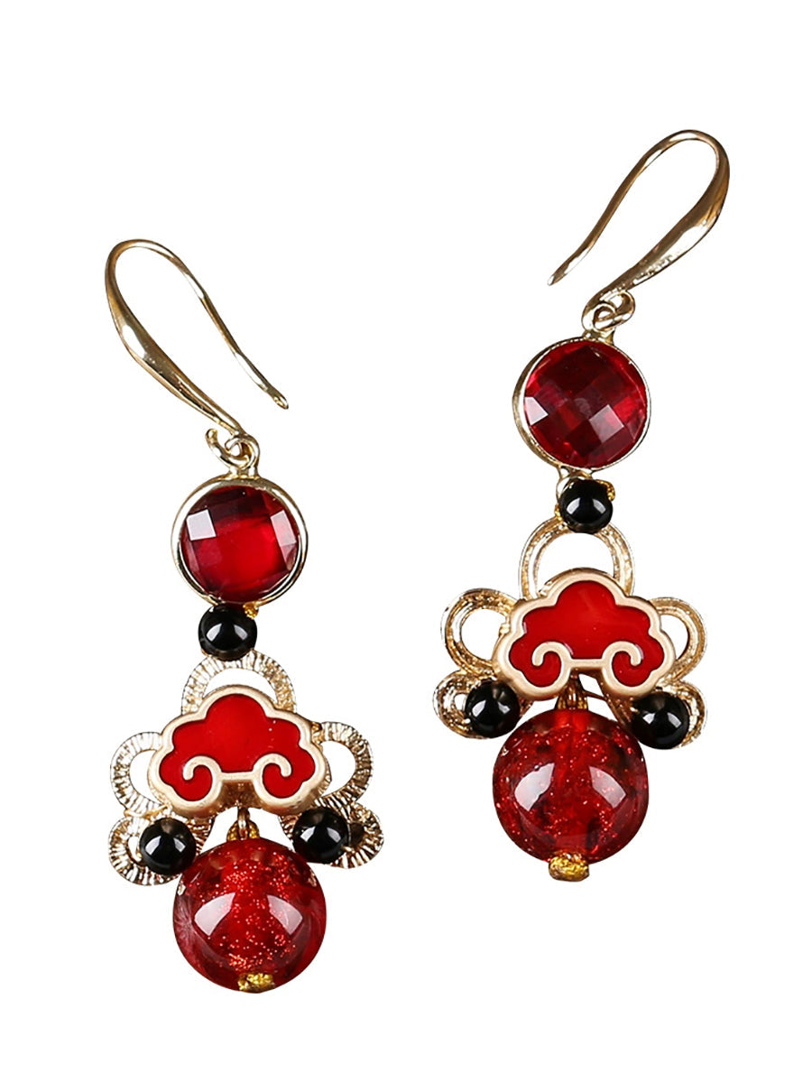 Women Ethnic Red Agate Glass Cloisonne S925Silver Earrings