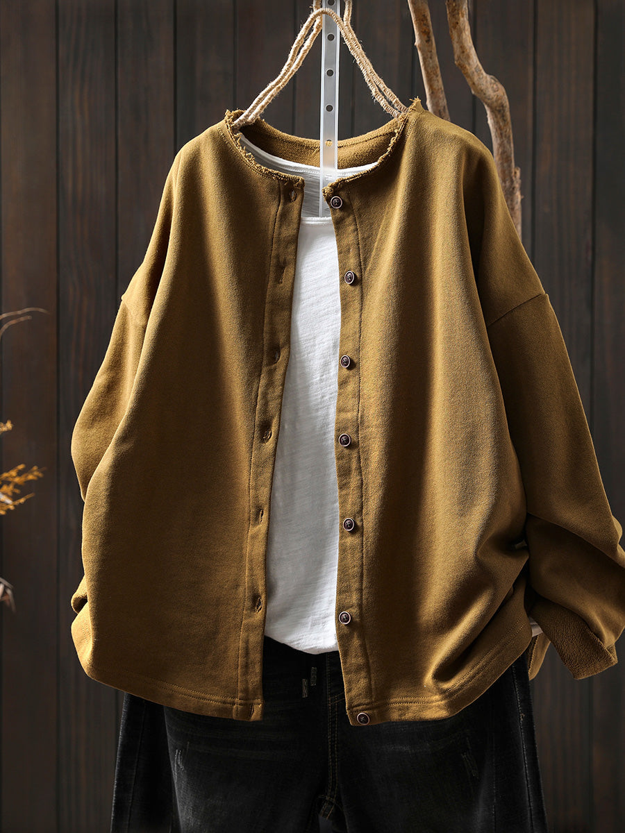 Plus Size Women Autumn Casual Pure Color Cotton Cardigan Shirt