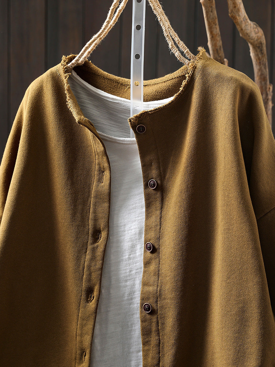 Plus Size Women Autumn Casual Pure Color Cotton Cardigan Shirt