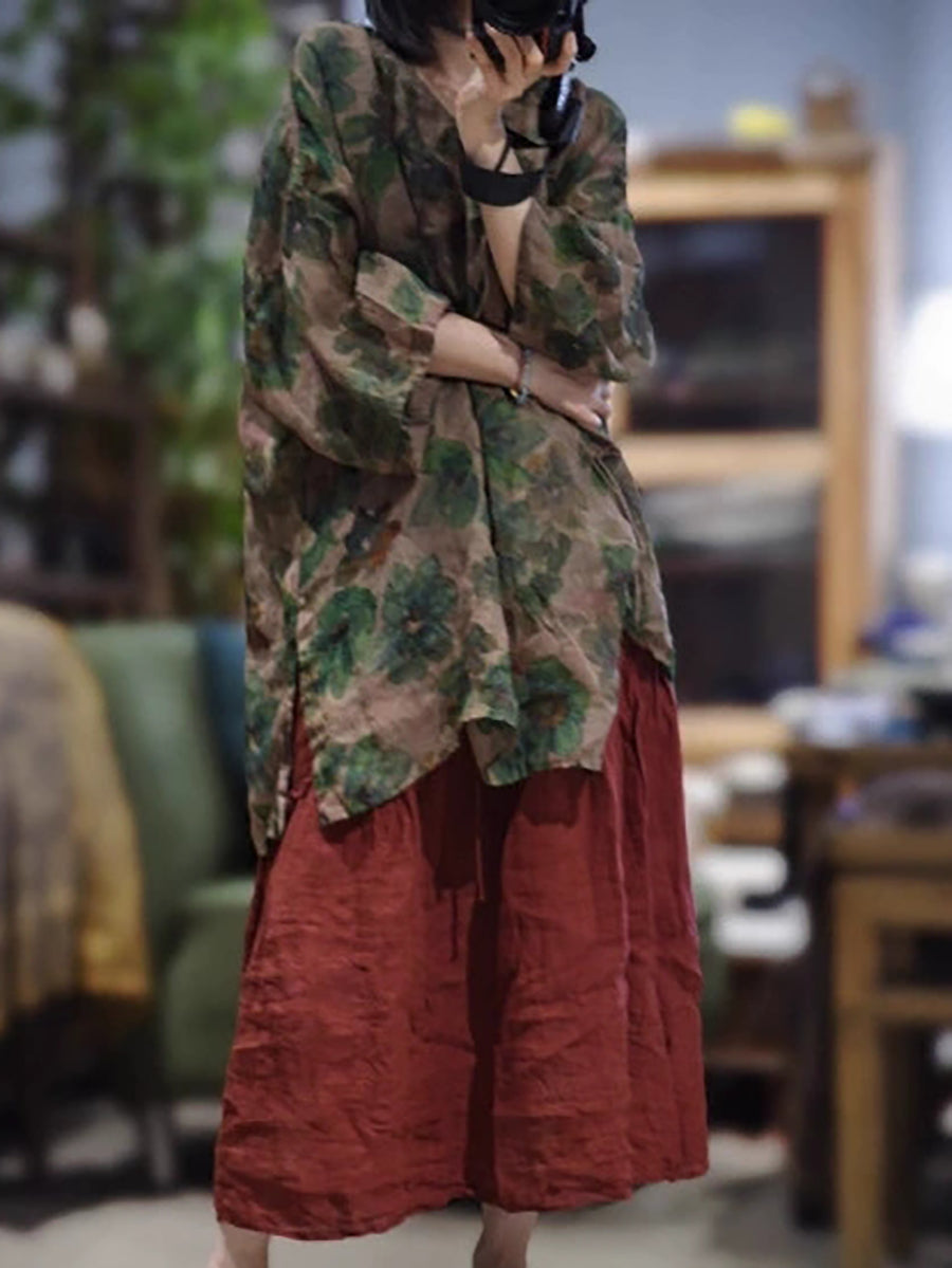 Women Autumn Artsy Flower V-Neck Ramie Blouse