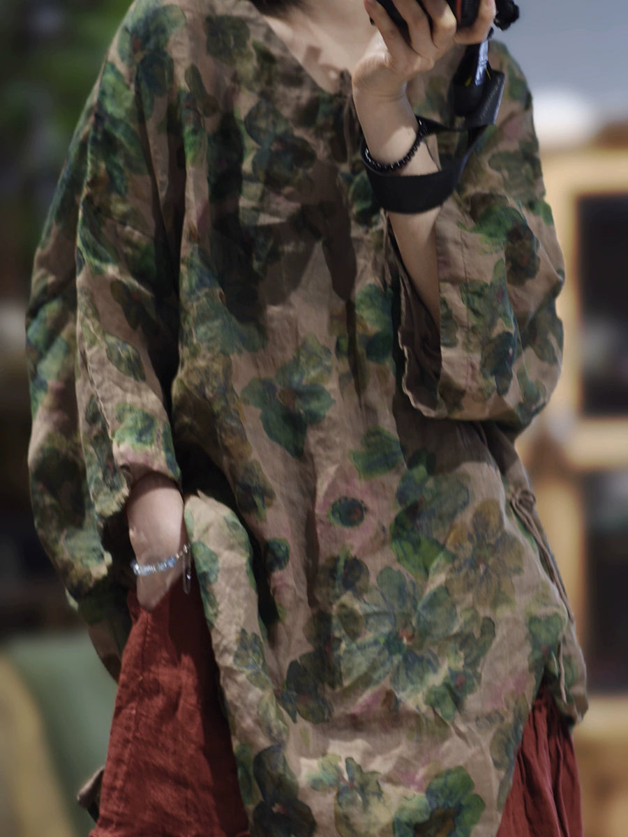 Women Autumn Artsy Flower V-Neck Ramie Blouse