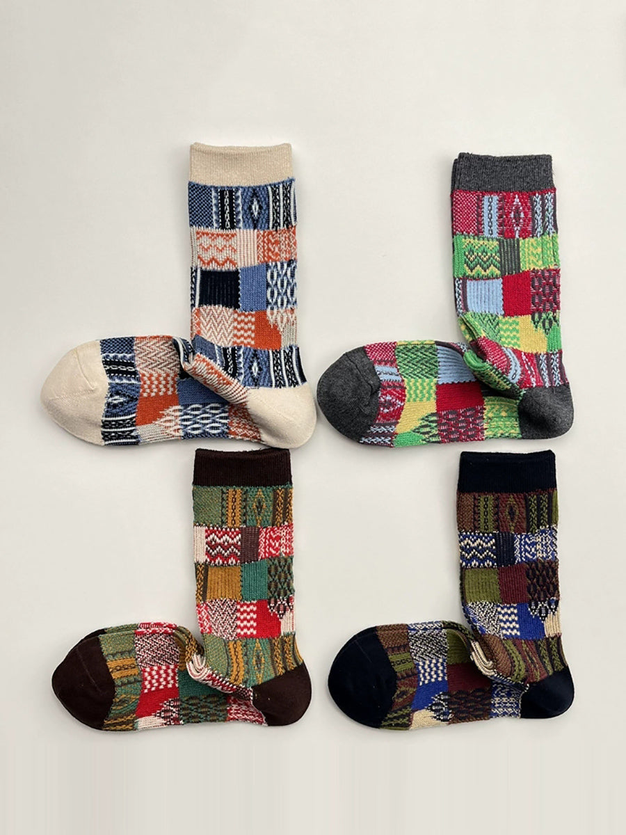 4 Pairs Women Plaid Knitted Mid Heel Socks