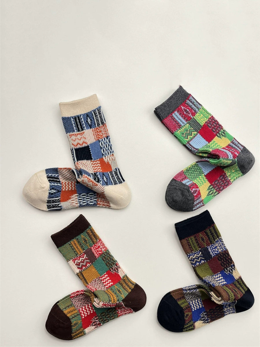4 Pairs Women Plaid Knitted Mid Heel Socks