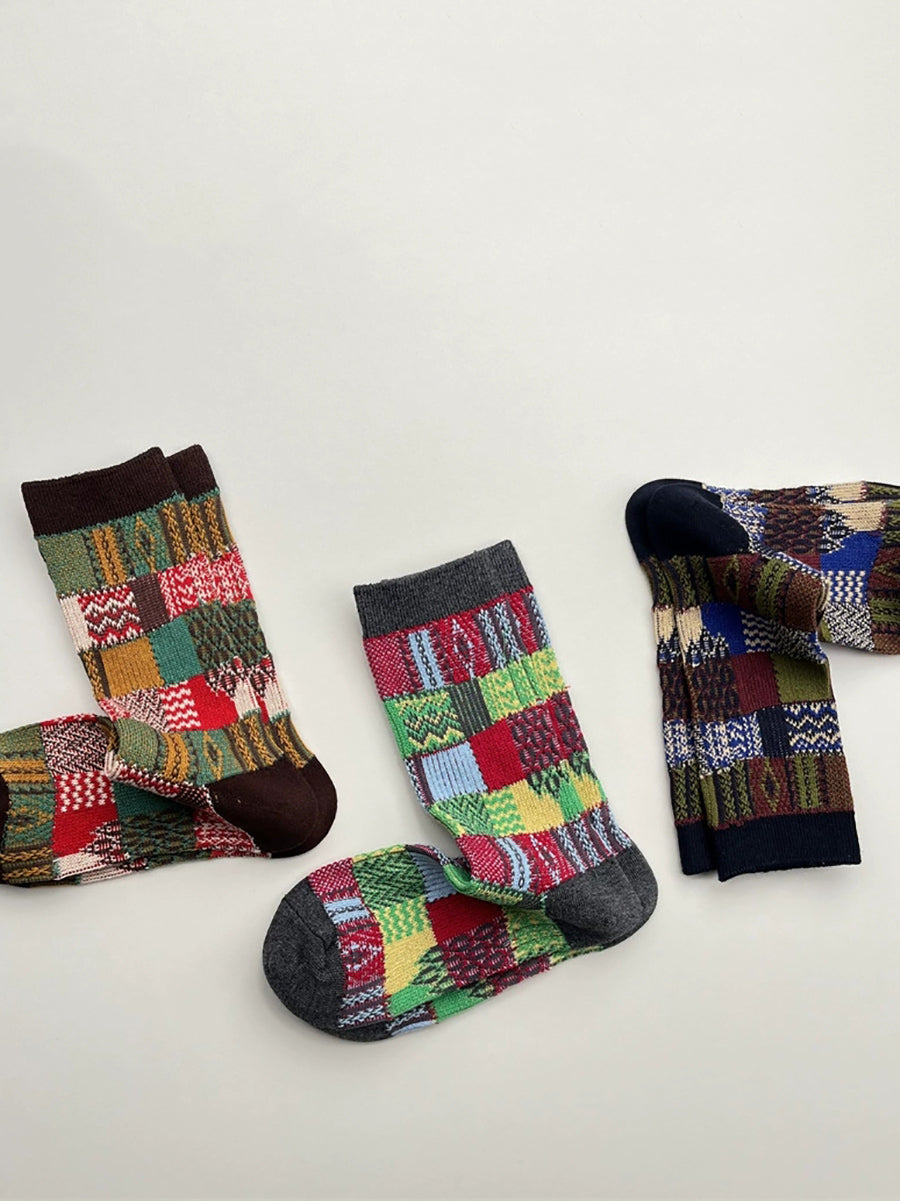 4 Pairs Women Plaid Knitted Mid Heel Socks