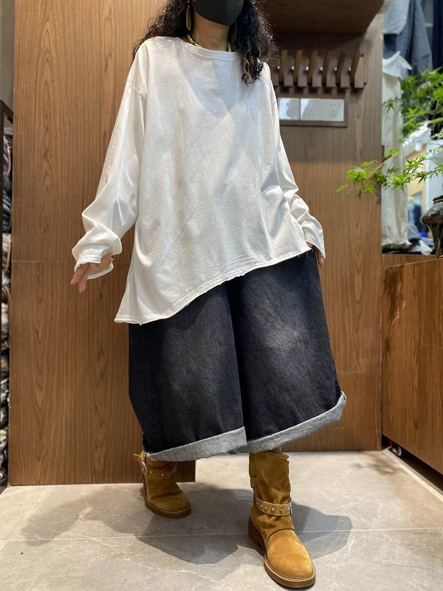 Plus Size Women Autumn Casual Pure Color 100%Cotton O-Neck Blouse
