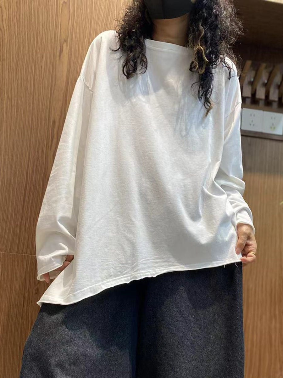 Plus Size Women Autumn Casual Pure Color 100%Cotton O-Neck Blouse