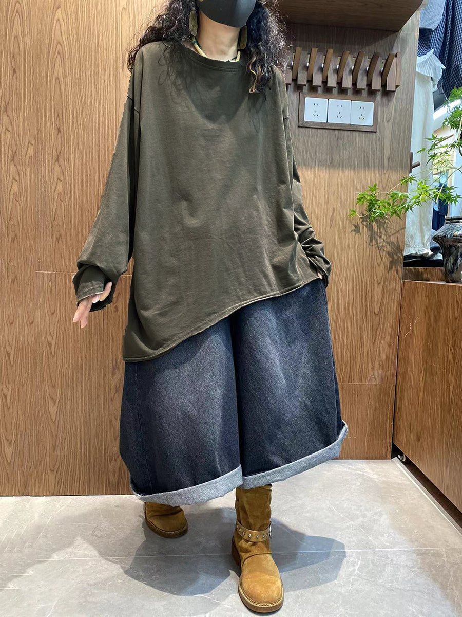 Plus Size Women Autumn Casual Pure Color 100%Cotton O-Neck Blouse