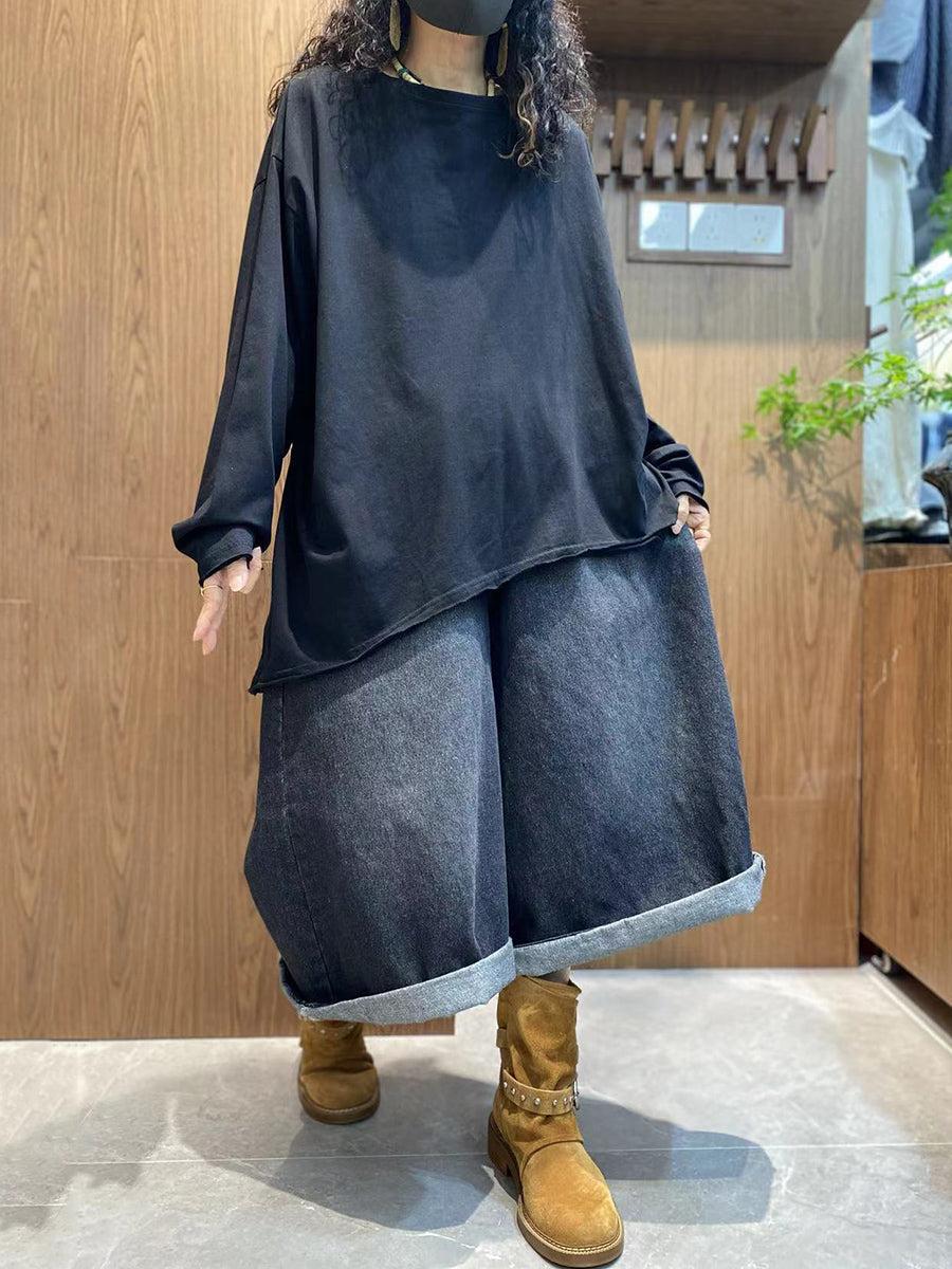 Plus Size Women Autumn Casual Pure Color 100%Cotton O-Neck Blouse