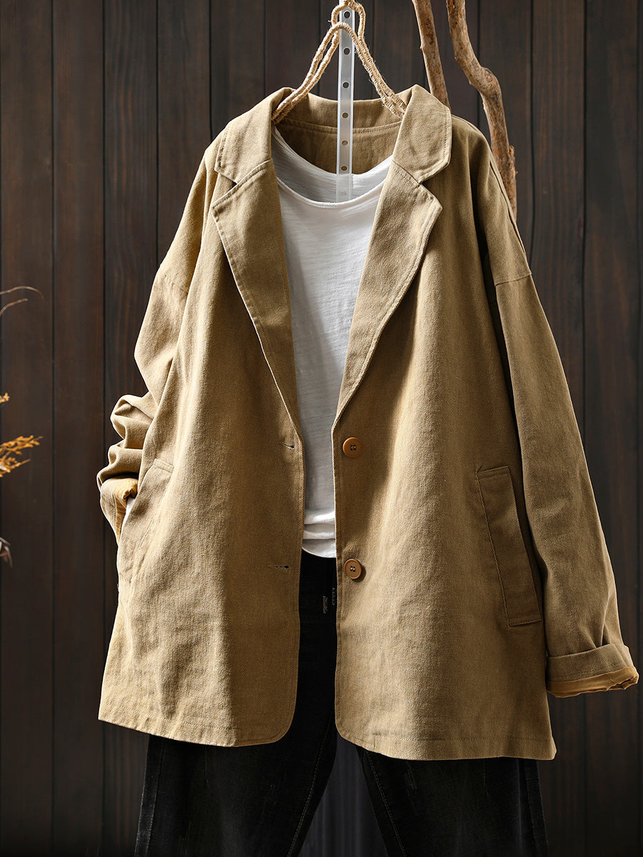 Plus Size Women Autumn Pure Color Cotton Cardigan Coat