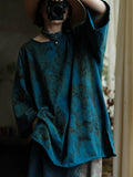Plus Size Women Autumn Vintage O-Neck Tie-dye Cotton Blouse