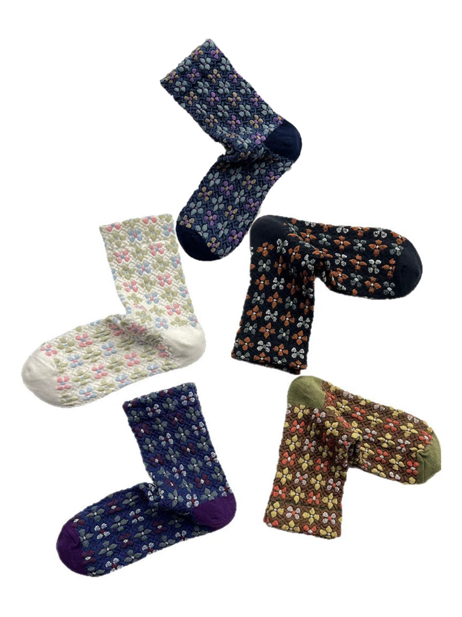 5 Pairs Women Autumn Artsy Floral Jacquard Socks