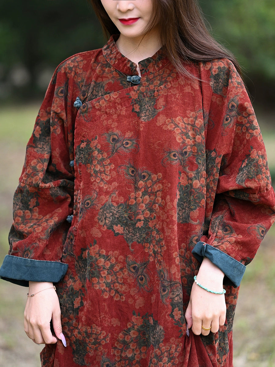 Women Autumn Ethnic Flower Corduroy Robe Dress