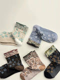 5 Pairs Women Ethnic Flower Embossing Cotton Socks