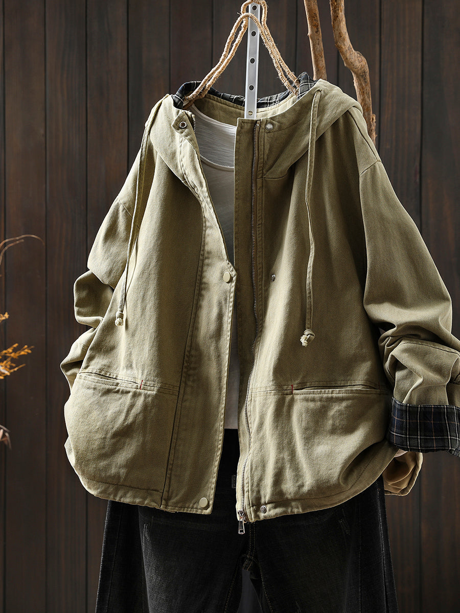 Plus Size Women Autumn Plaid Spliced Hooded Cotton Cardigan Coat