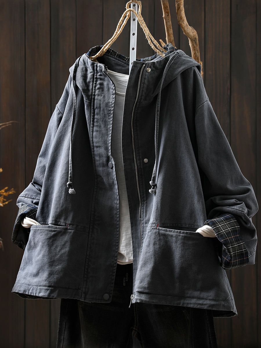 Plus Size Women Autumn Plaid Spliced Hooded Cotton Cardigan Coat