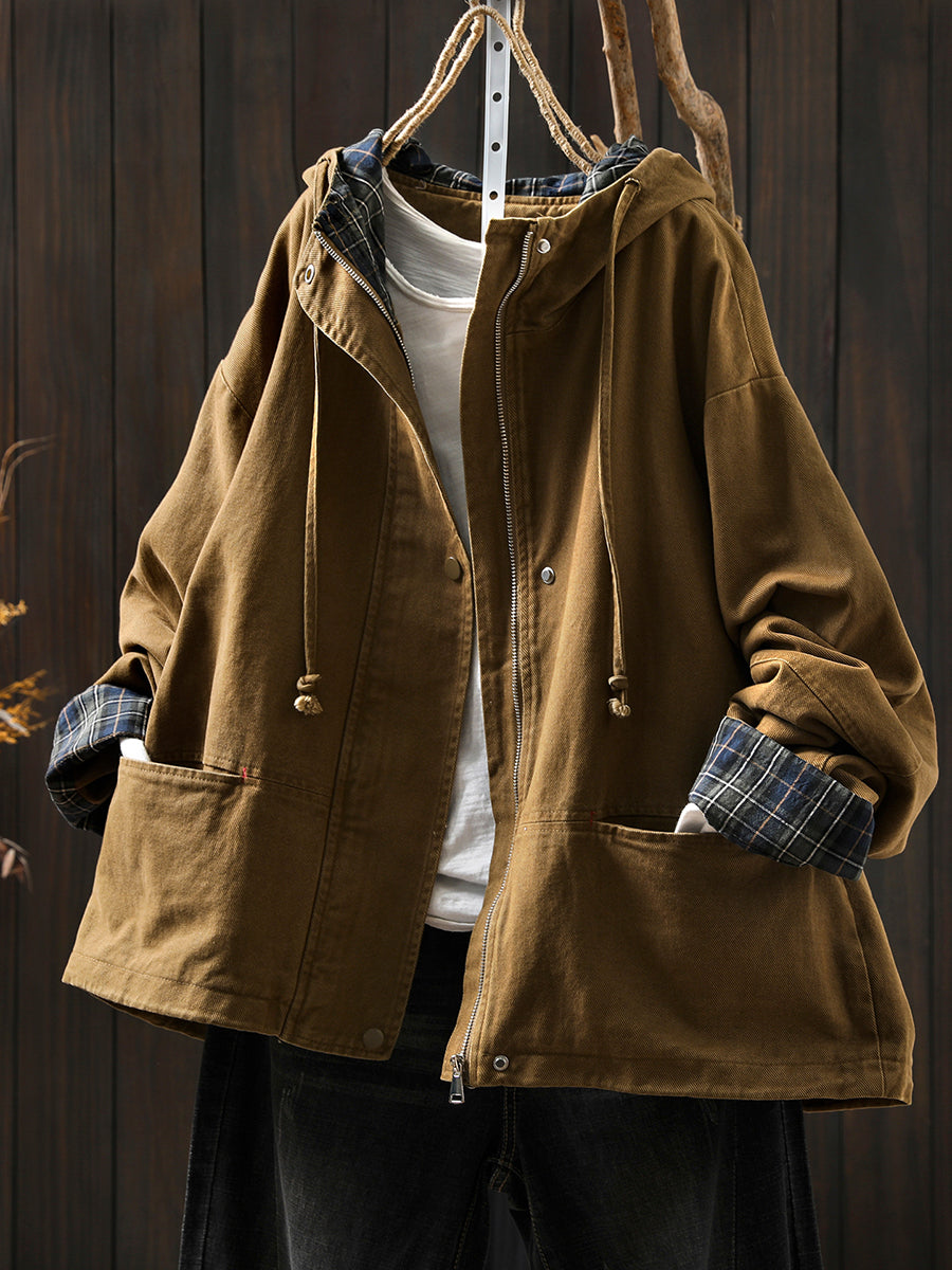 Plus Size Women Autumn Plaid Spliced Hooded Cotton Cardigan Coat
