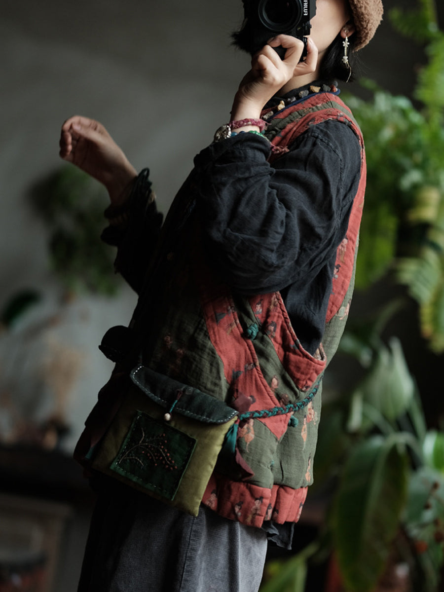 Women Autumn Retro Print Spliced O-Neck 100%Cotton Vest