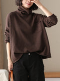 Plus Size Women Autumn Casual Pure Color Cotton Turtleneck Sweater