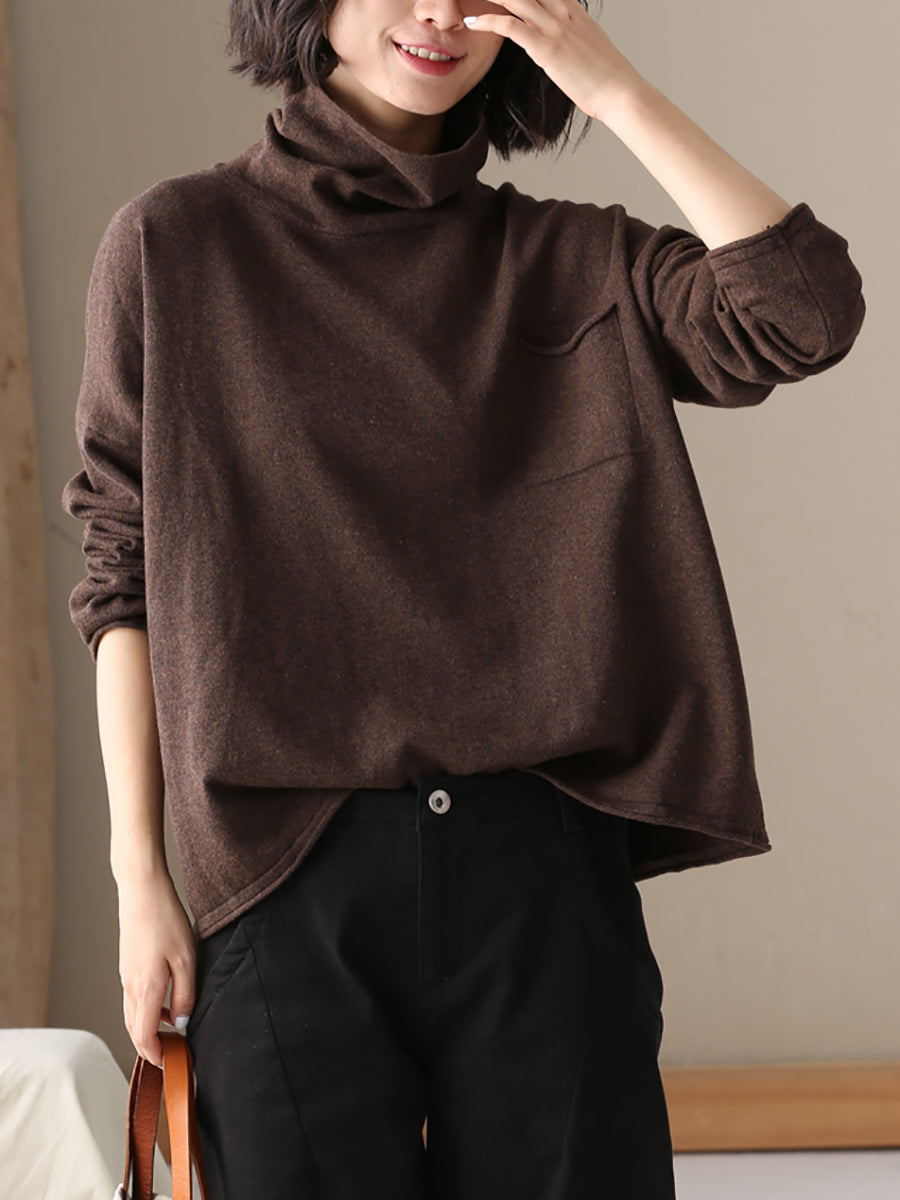 Plus Size Women Autumn Casual Pure Color Cotton Turtleneck Sweater