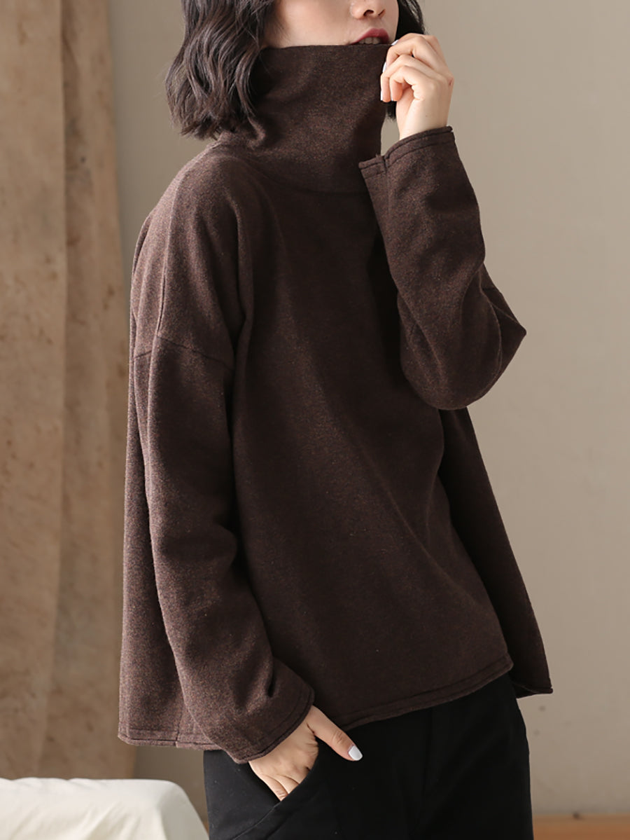 Plus Size Women Autumn Casual Pure Color Cotton Turtleneck Sweater