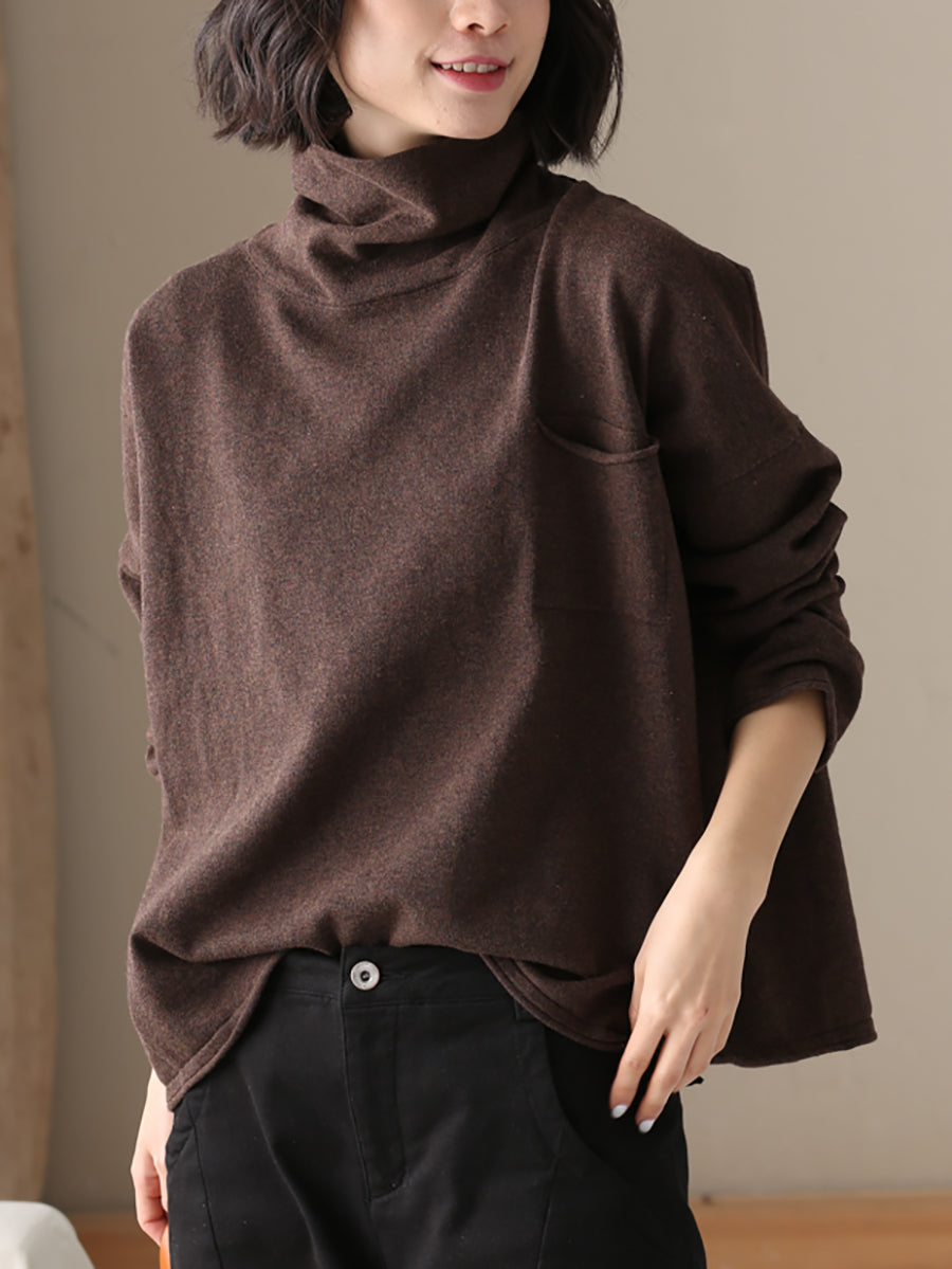 Plus Size Women Autumn Casual Pure Color Cotton Turtleneck Sweater