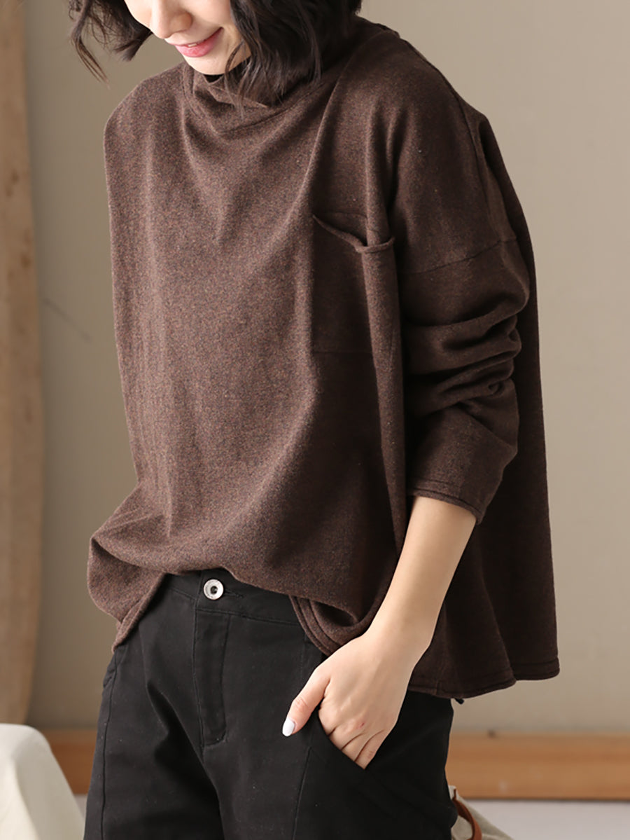 Plus Size Women Autumn Casual Pure Color Cotton Turtleneck Sweater