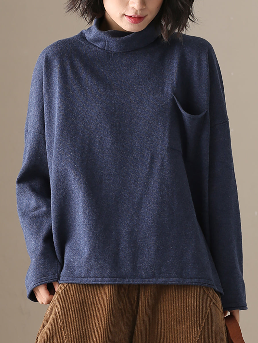 Plus Size Women Autumn Casual Pure Color Cotton Turtleneck Sweater