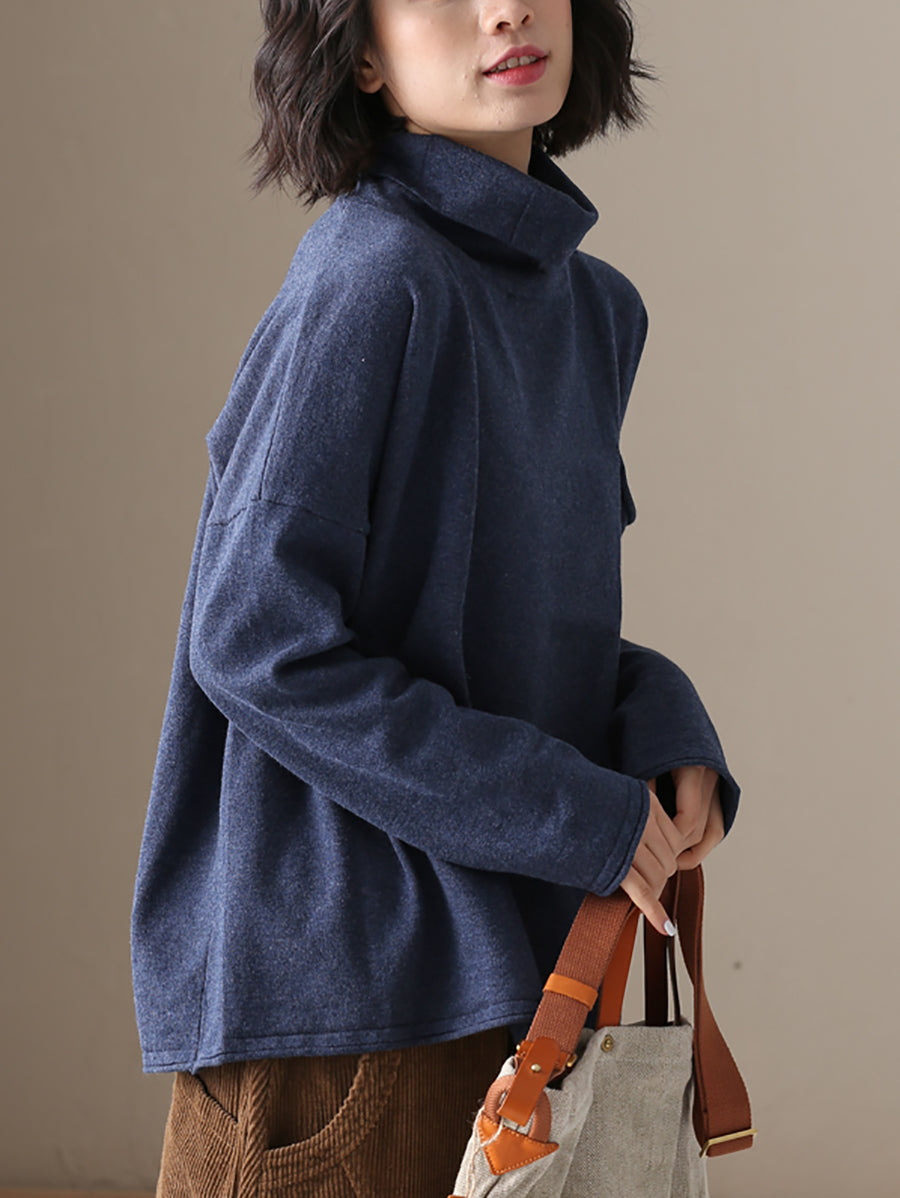 Plus Size Women Autumn Casual Pure Color Cotton Turtleneck Sweater