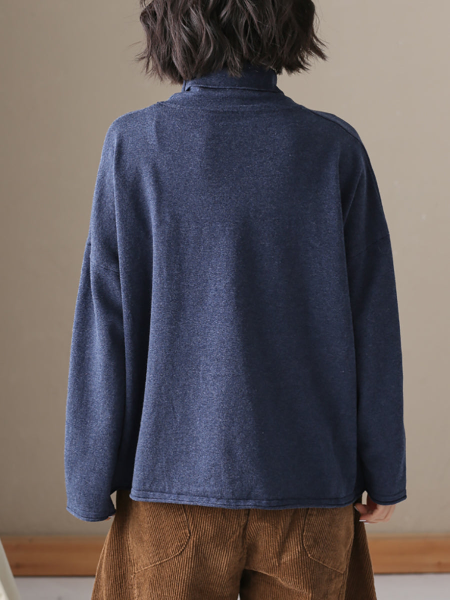 Plus Size Women Autumn Casual Pure Color Cotton Turtleneck Sweater