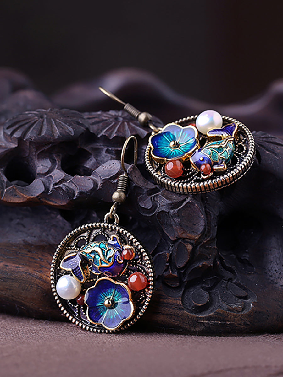 Ethnic S925Silver Pearl Cloisonne Agate Earrings