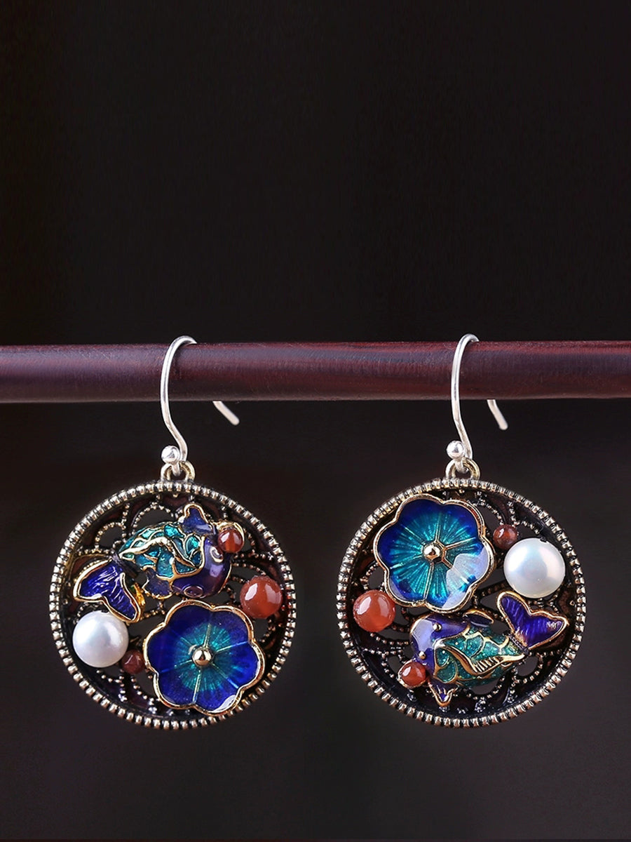 Ethnic S925Silver Pearl Cloisonne Agate Earrings